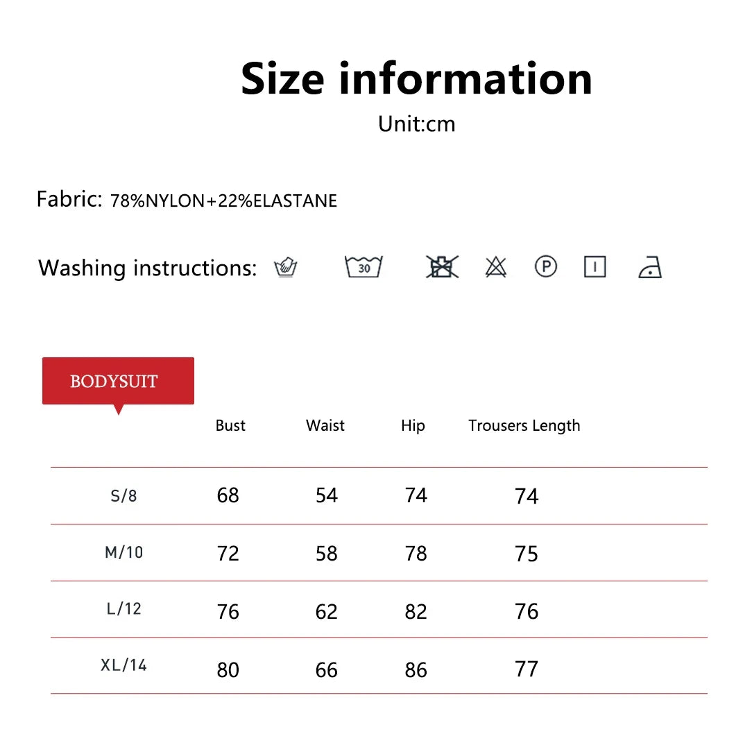 Size chart for sleeveless workout romper by KiKis showing bust waist hip and trousers length in centimeters