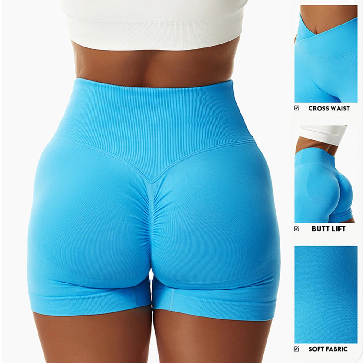 KiKis high waist seamless yoga shorts in bright blue with butt lift and soft fabric features