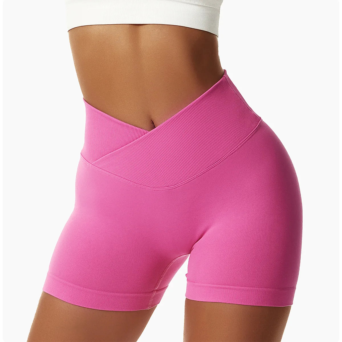 KiKis pink high waist seamless yoga shorts with crisscross waistband for comfortable fit