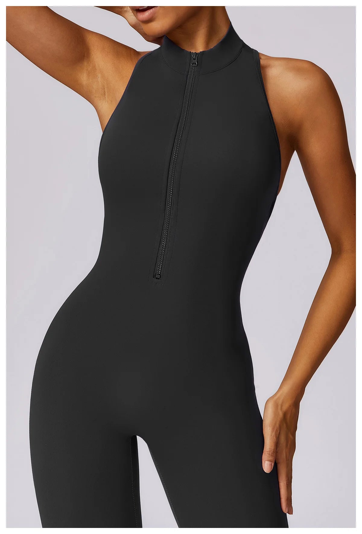 Black sleeveless v back one-piece yoga suit with front zipper by KiKis