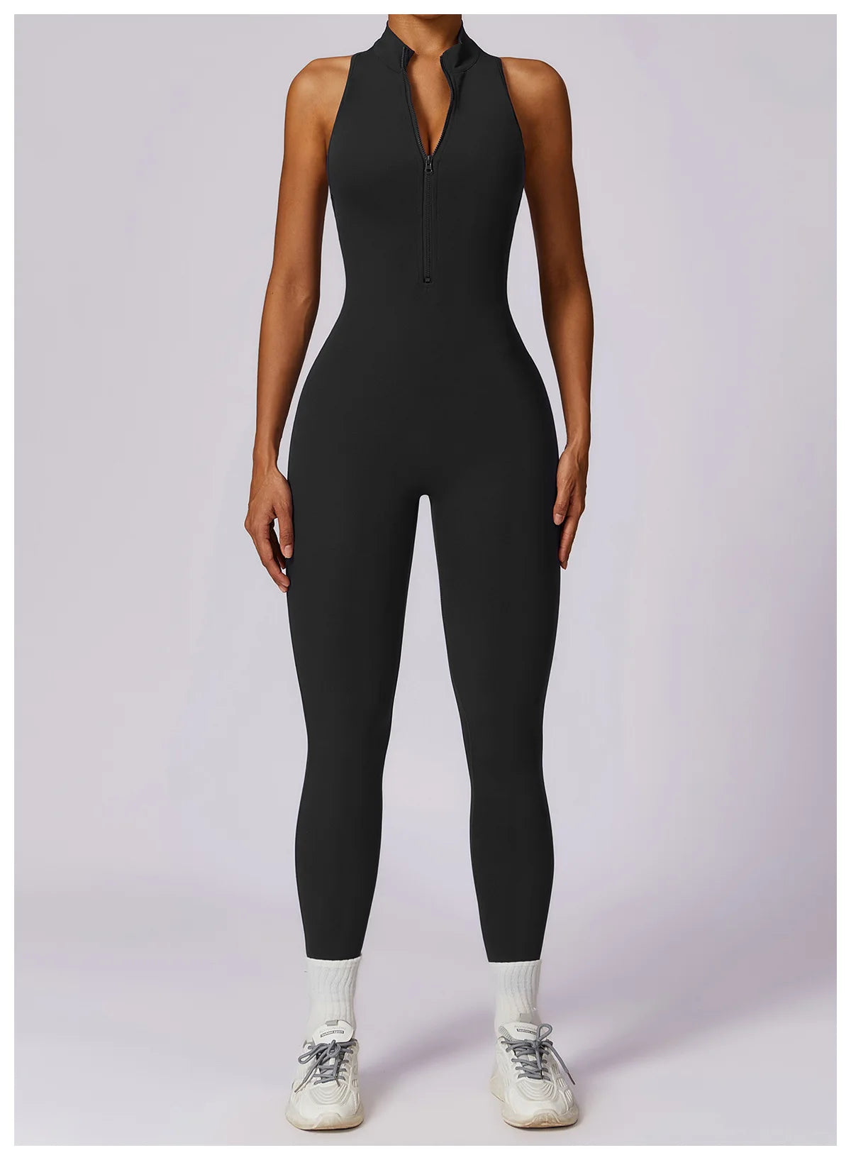 KiKis black sleeveless v back one-piece yoga suit with front zipper and fitted design