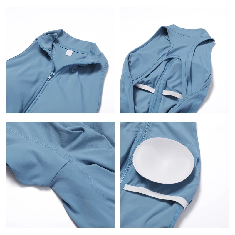 Blue KiKis v back one-piece yoga suit showing zipper front elastic support and removable padding details