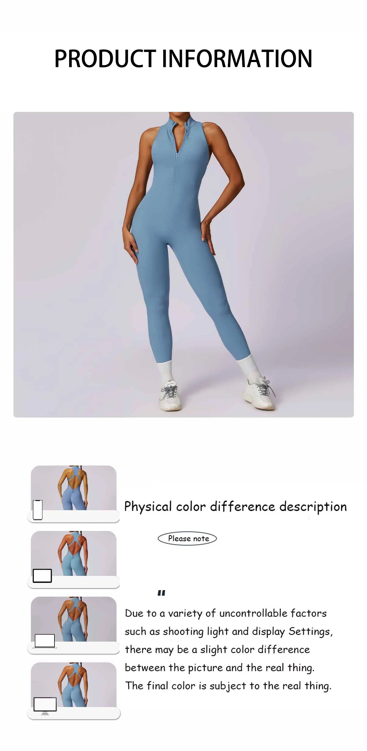 KiKis blue v back one-piece yoga suit worn by model in standing pose with white sneakers