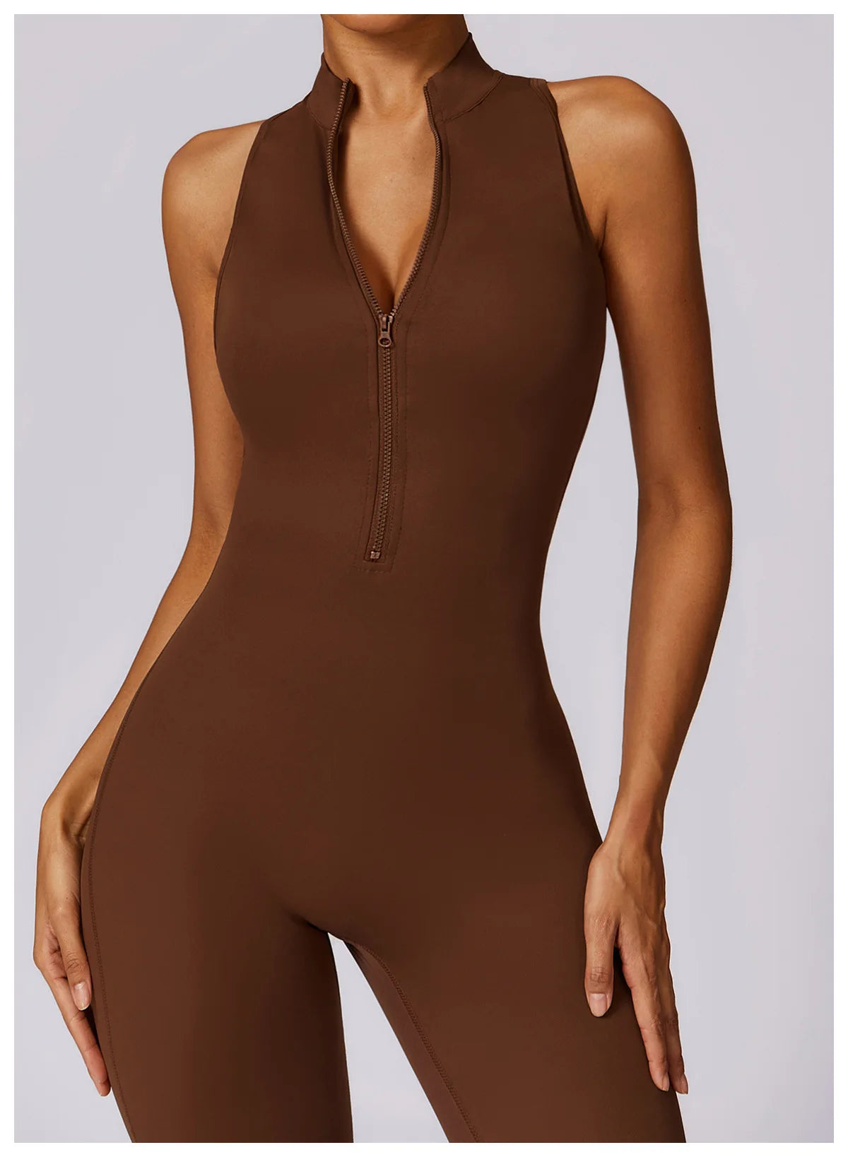 KiKis brown sleeveless v back one-piece yoga suit with front zipper and high neck