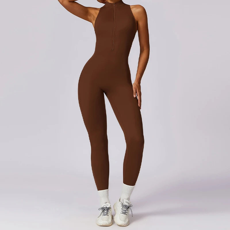 KiKis brown sleeveless v back one-piece yoga suit with zipper front and fitted design
