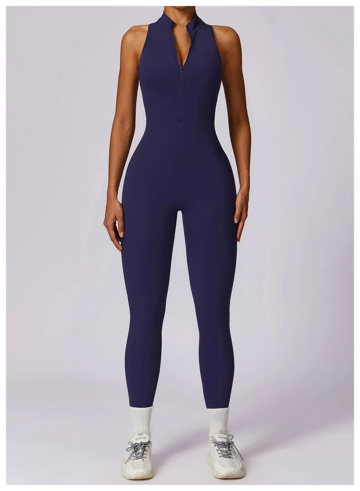 KiKis navy v back one-piece yoga suit with sleeveless design and front zipper closure
