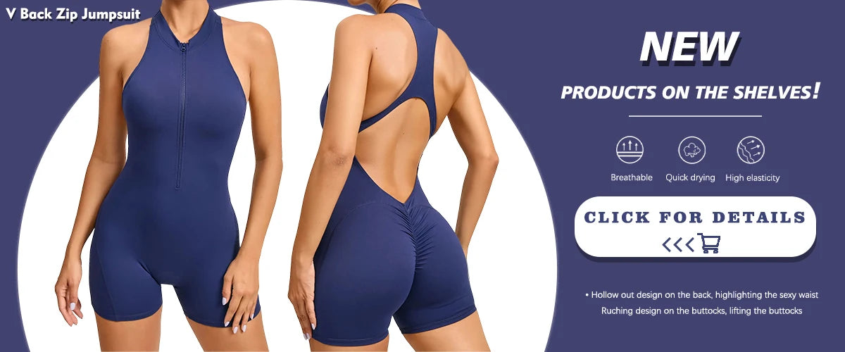 KiKis v back one-piece yoga suit in navy blue showing front zip and open back design