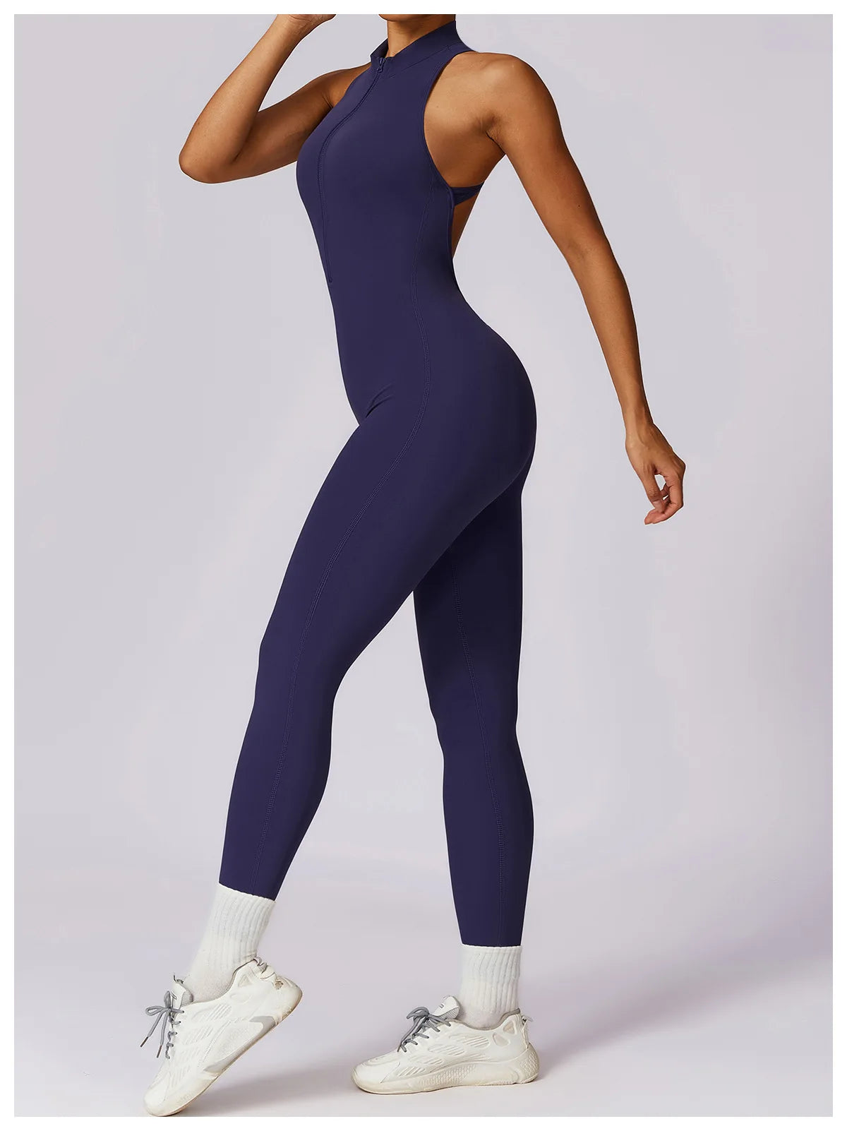 KiKis v back one-piece yoga suit in navy blue with sleeveless design and fitted silhouette