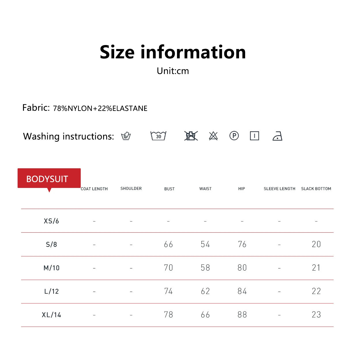 KiKis size chart for v back one-piece yoga suit showing measurements for bust waist hip and bottom sizes