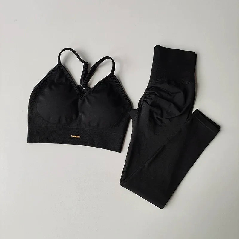 KiKis black high waisted workout set for women with a sports bra and leggings