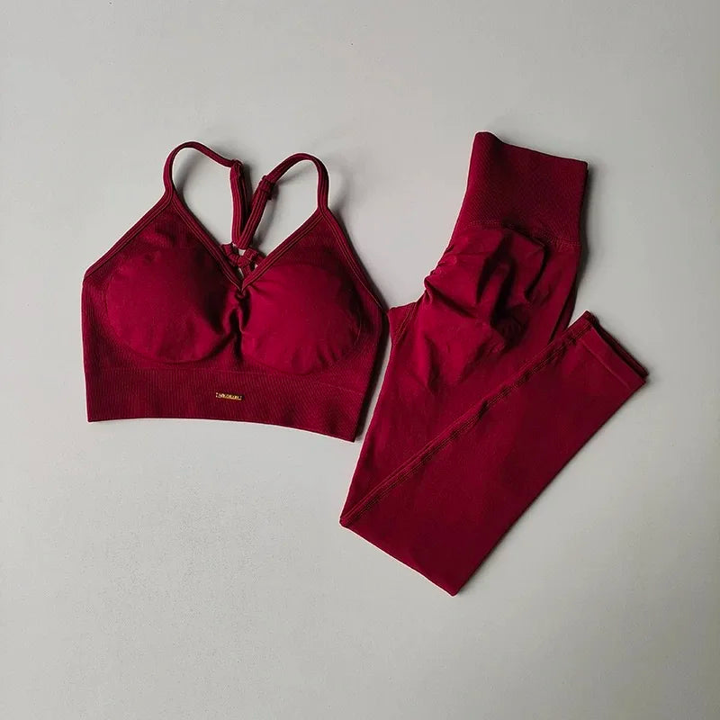 KiKis red high waisted workout set for women featuring a seamless sports bra and matching leggings