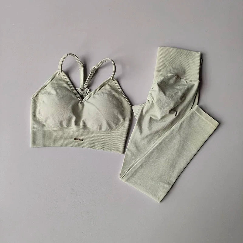KiKis beige high waisted workout set for women with a crop top and leggings