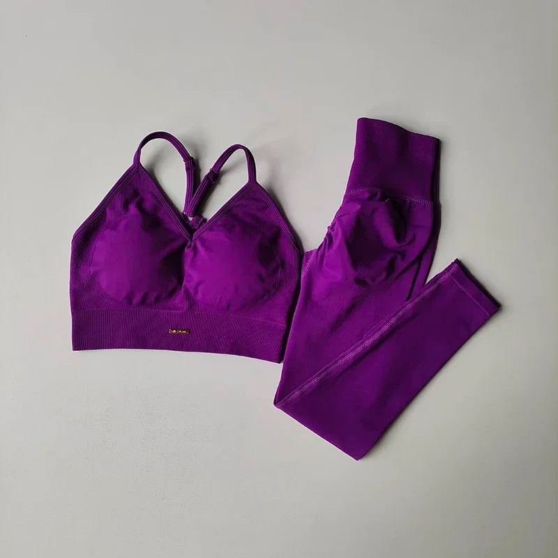 KiKis purple high waisted workout set for women including a sports bra and leggings