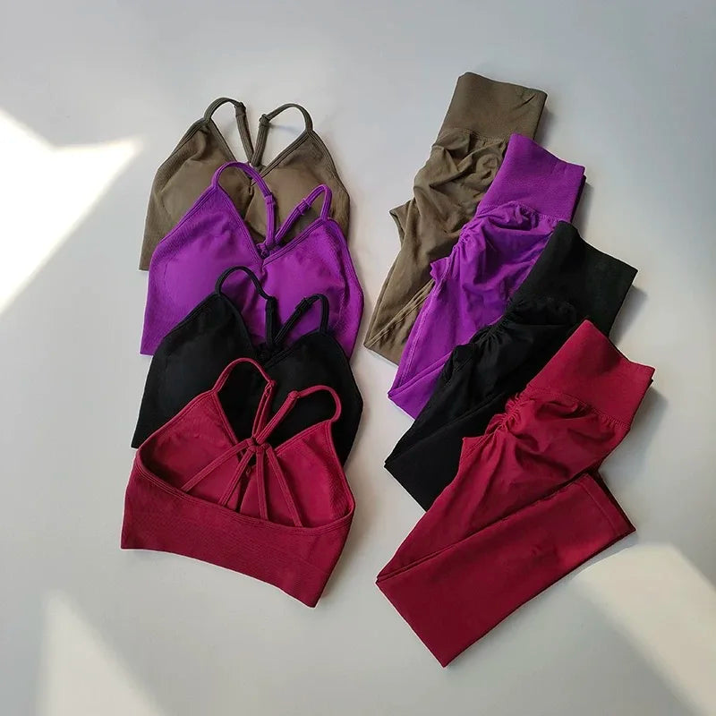 KiKis high waisted workout set for women in brown purple black and red with matching tops and leggings