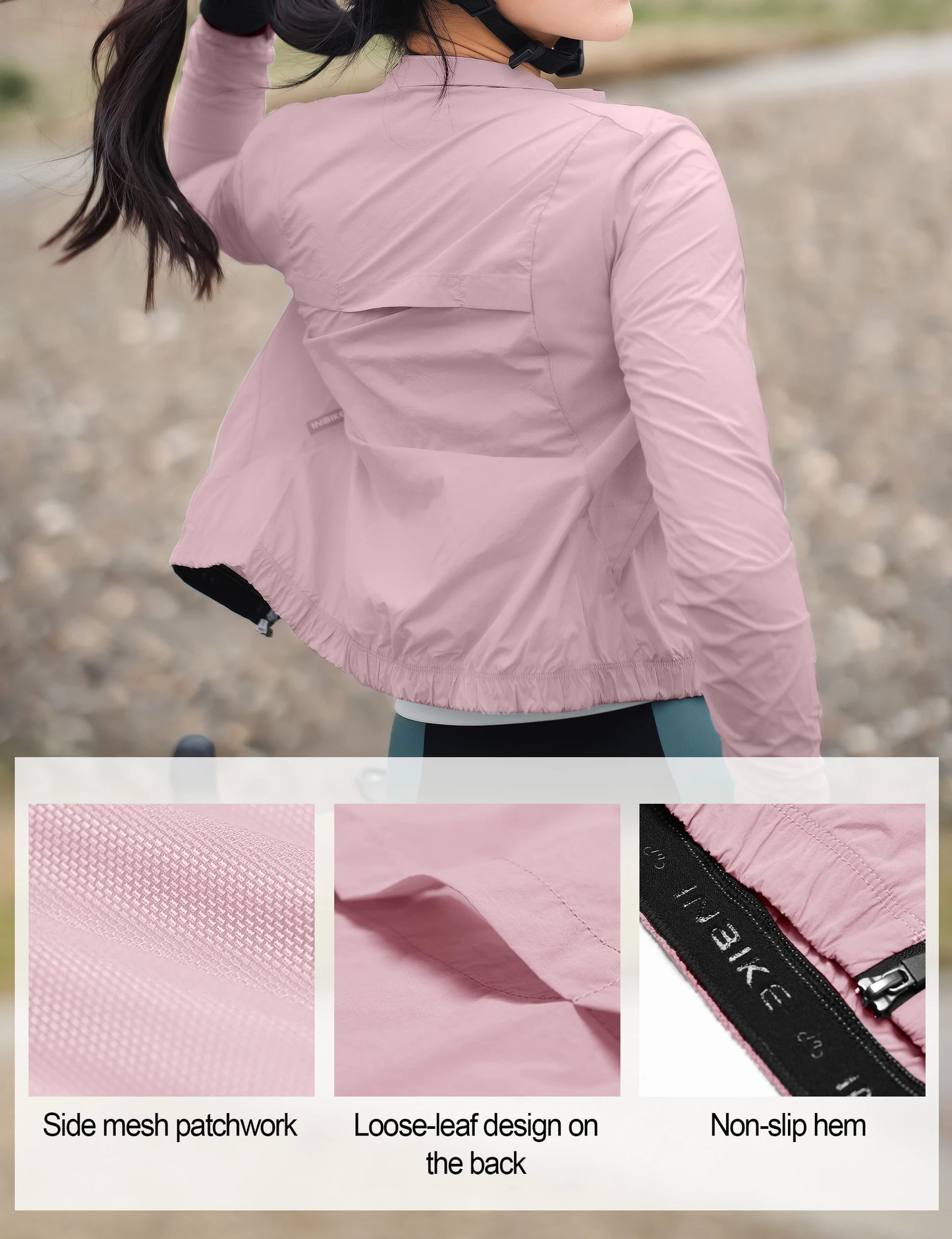 KiKis women's cycling windbreaker in light pink with side mesh patchwork and non-slip hem