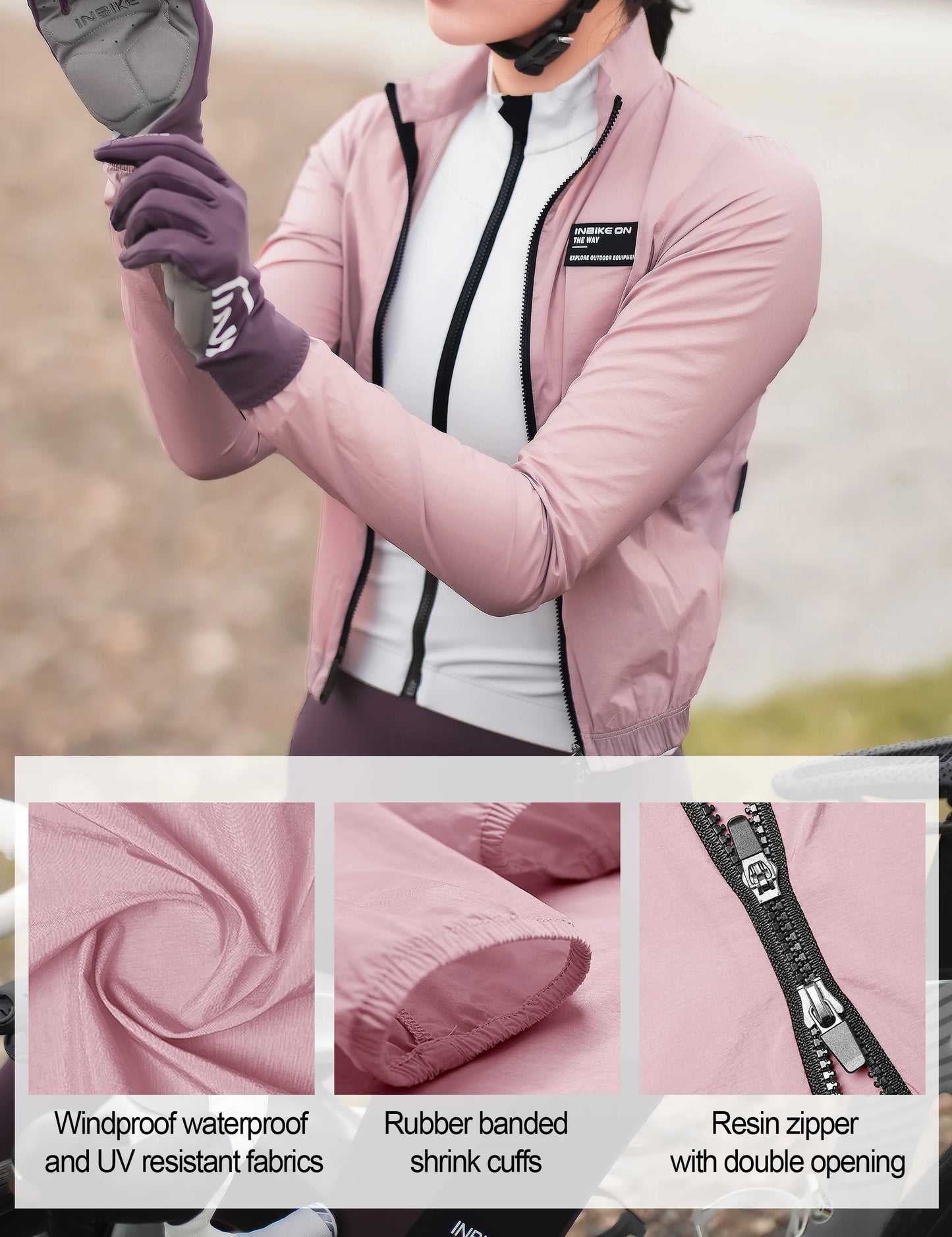 KiKis women's cycling windbreaker in light pink with windproof waterproof and UV resistant fabric