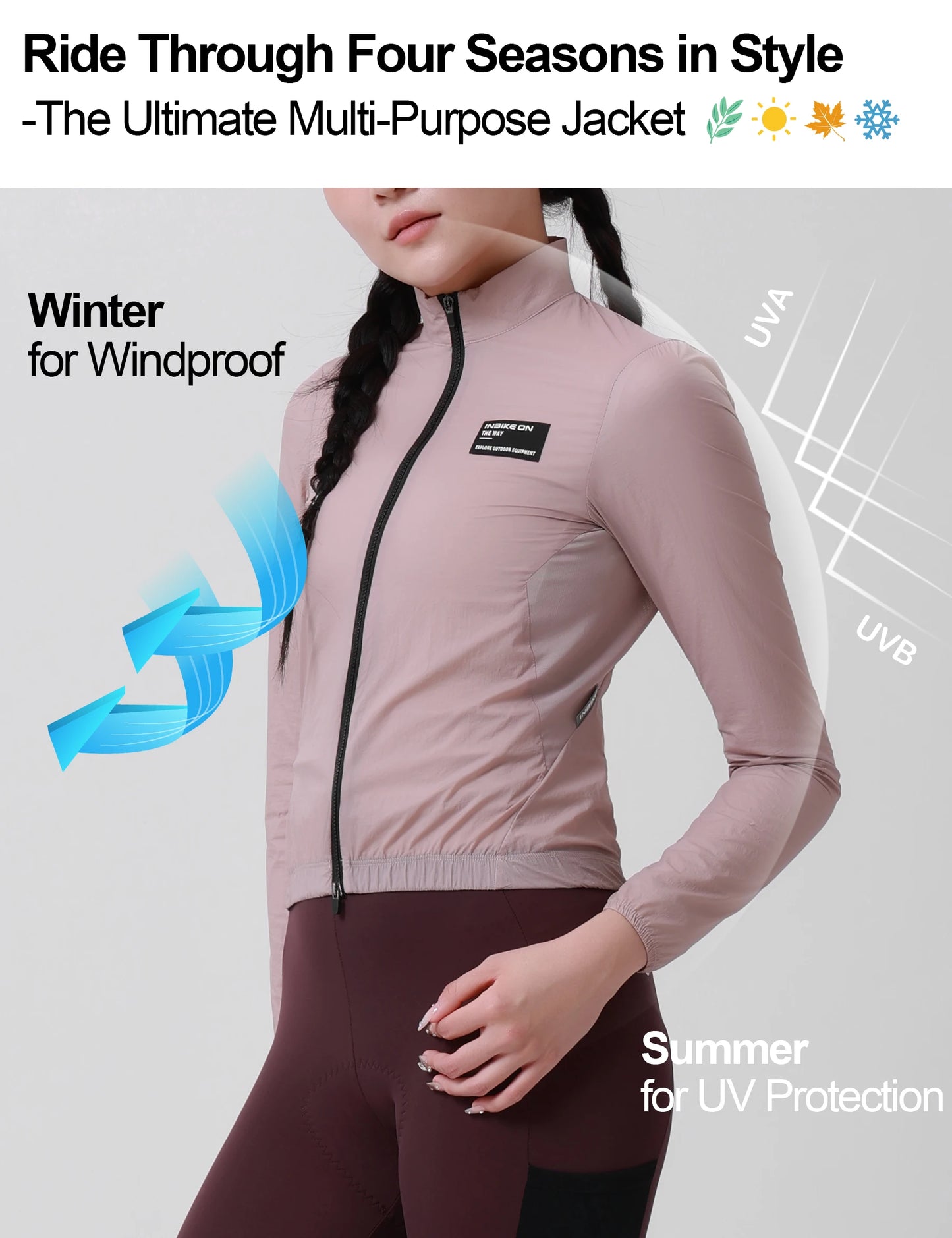 KiKis women's cycling windbreaker in light pink designed for windproof and UV protection