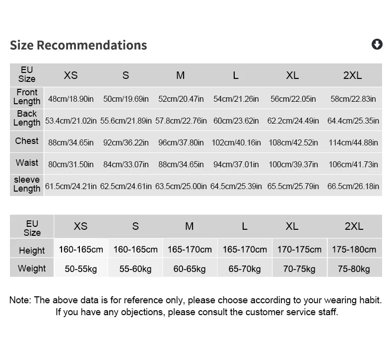 KiKis women's cycling windbreaker size chart with detailed measurements for XS to 2XL sizes