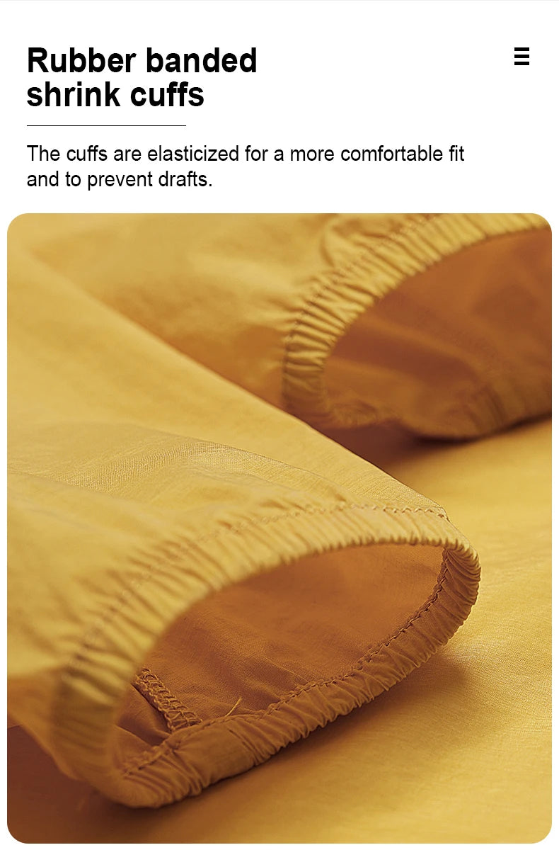 Close-up of rubber banded shrink cuffs on yellow women's cycling windbreaker by KiKis for a comfortable fit