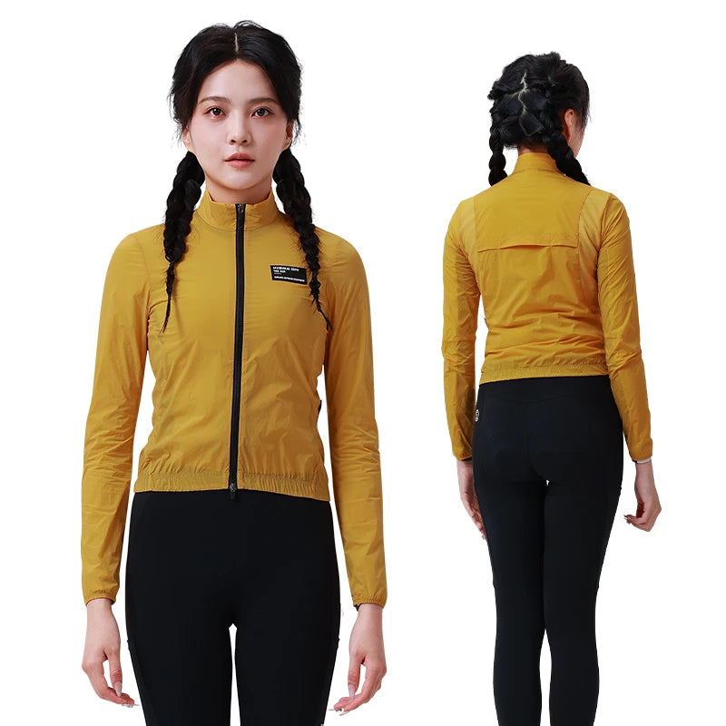 KiKis women's cycling windbreaker in mustard yellow with front zipper and long sleeves