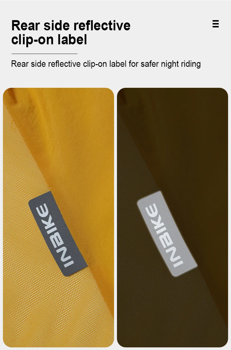 Rear side reflective clip-on label on yellow women's cycling windbreaker for safer night riding