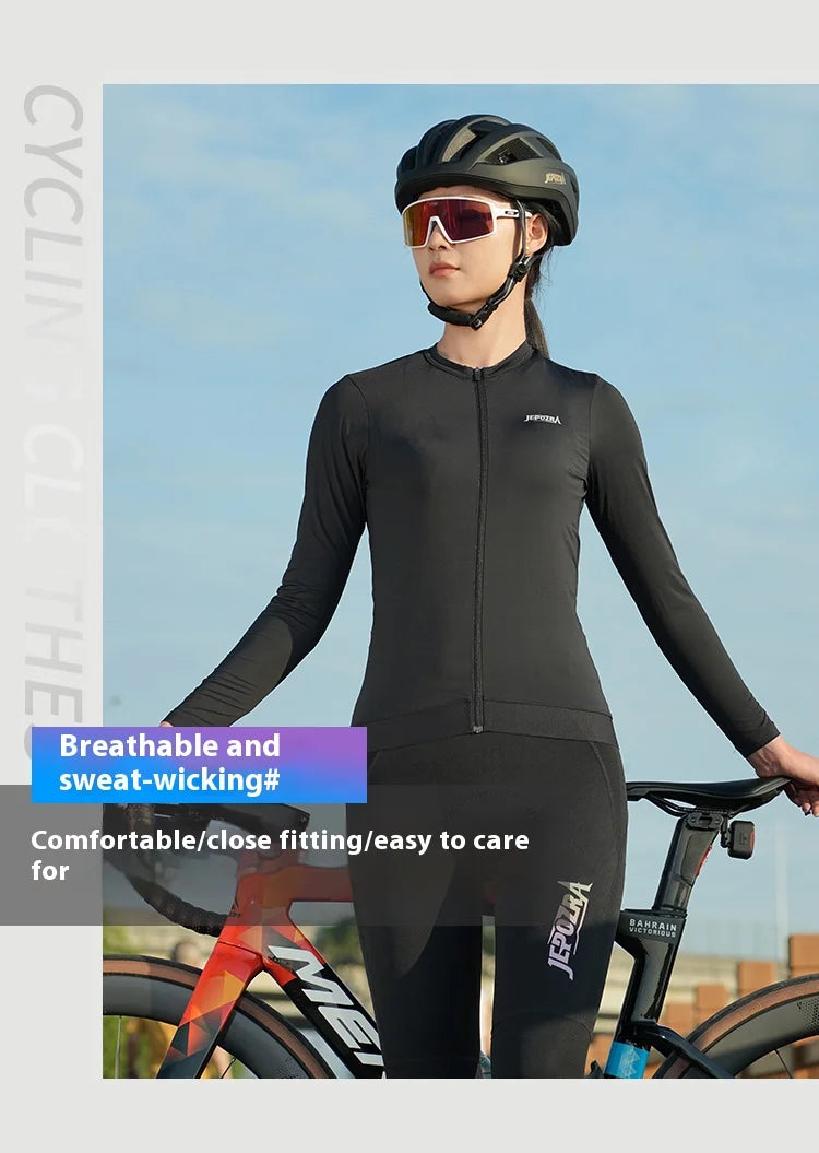 KiKis women's long sleeve cycling jersey in black with breathable sweat-wicking fabric and close fitting design