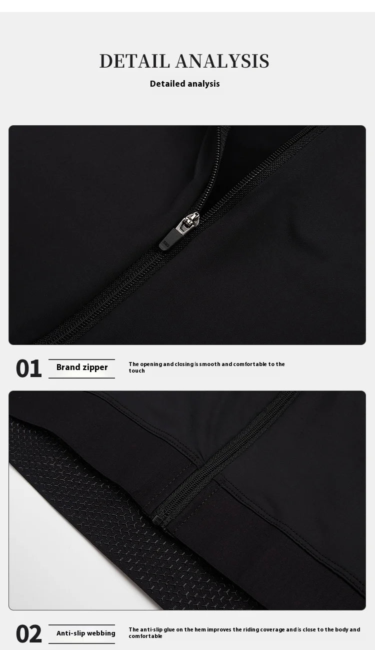 Close-up details of KiKis women's long sleeve cycling jersey showing smooth brand zipper and anti-slip webbing