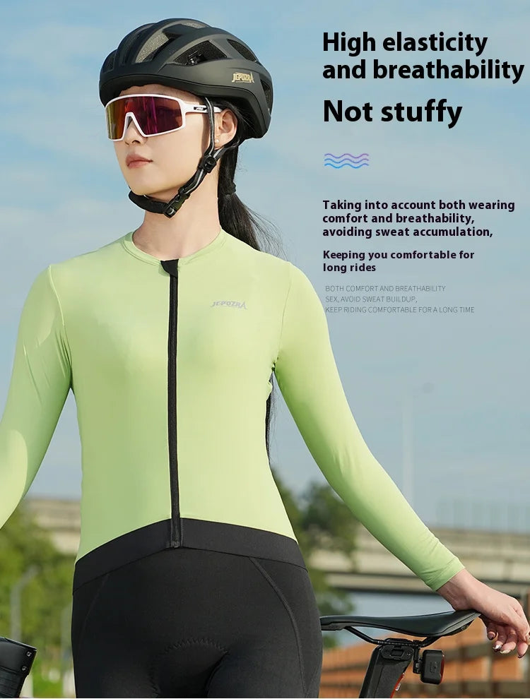 KiKis women's long sleeve cycling jersey in light green with high elasticity and breathability