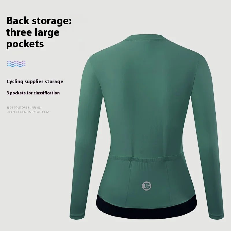 KiKis women's long sleeve cycling jersey in green with three large back pockets for storage
