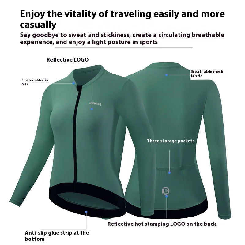 KiKis women's long sleeve cycling jersey in green with breathable mesh fabric and three storage pockets