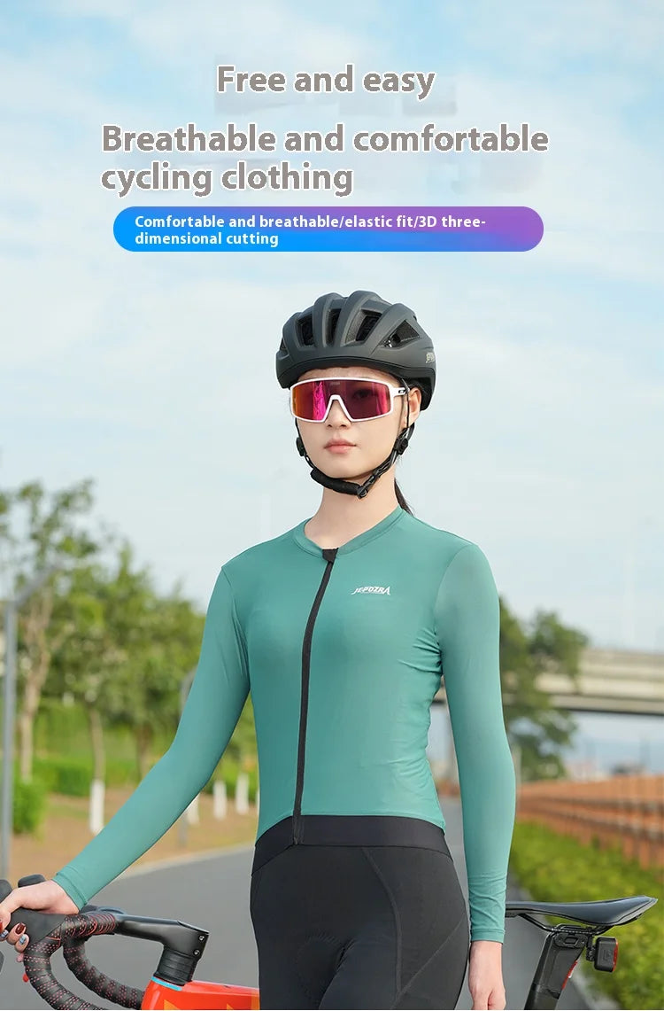 Woman wearing KiKis women's long sleeve cycling jersey in green with breathable and comfortable fit