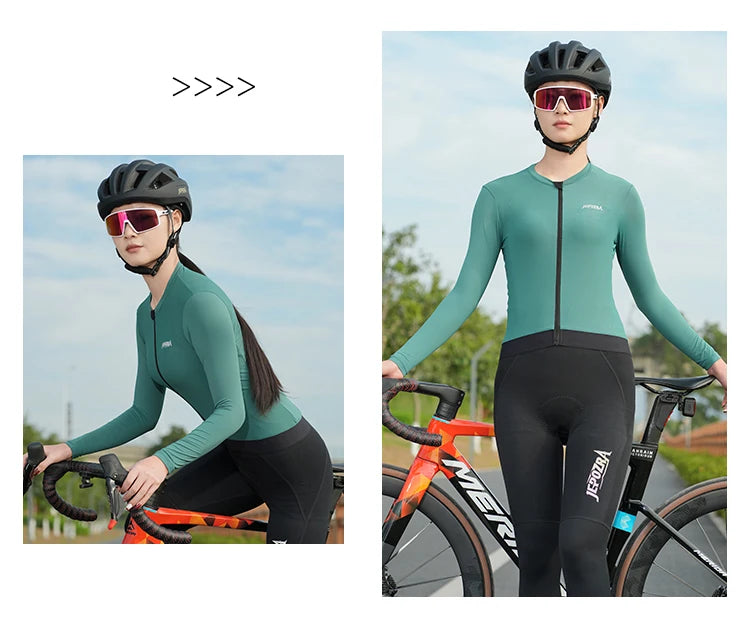 KiKis women's long sleeve cycling jersey in green worn by cyclist with helmet and sunglasses