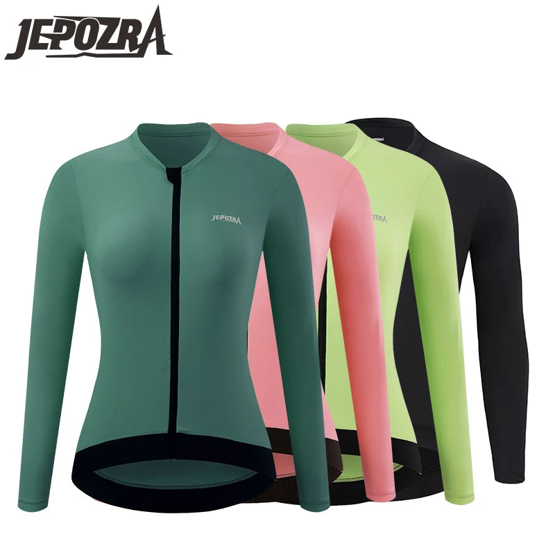 KiKis women's long sleeve cycling jersey in green pink lime and black colors with full front zipper