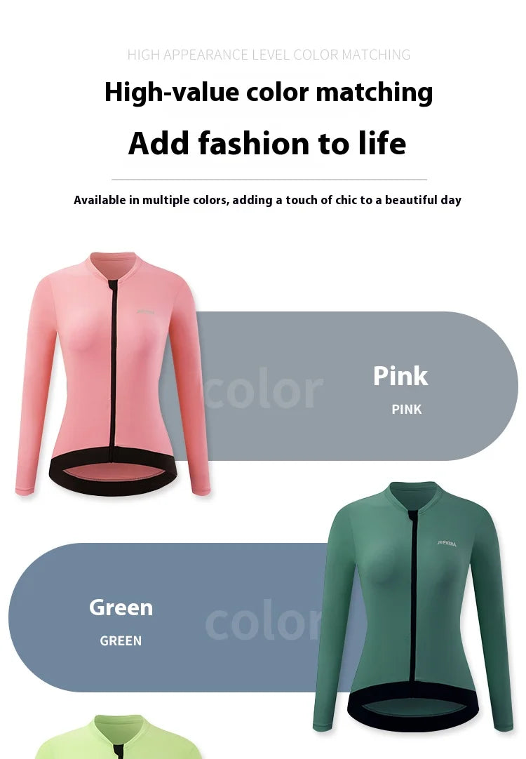 KiKis women's long sleeve cycling jersey in pink and green with black zipper and trim