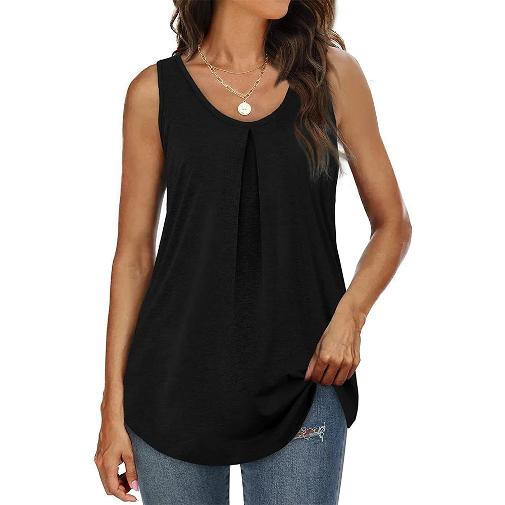 KiKis black loose fit tank tops for women with scoop neck and pleated front detail
