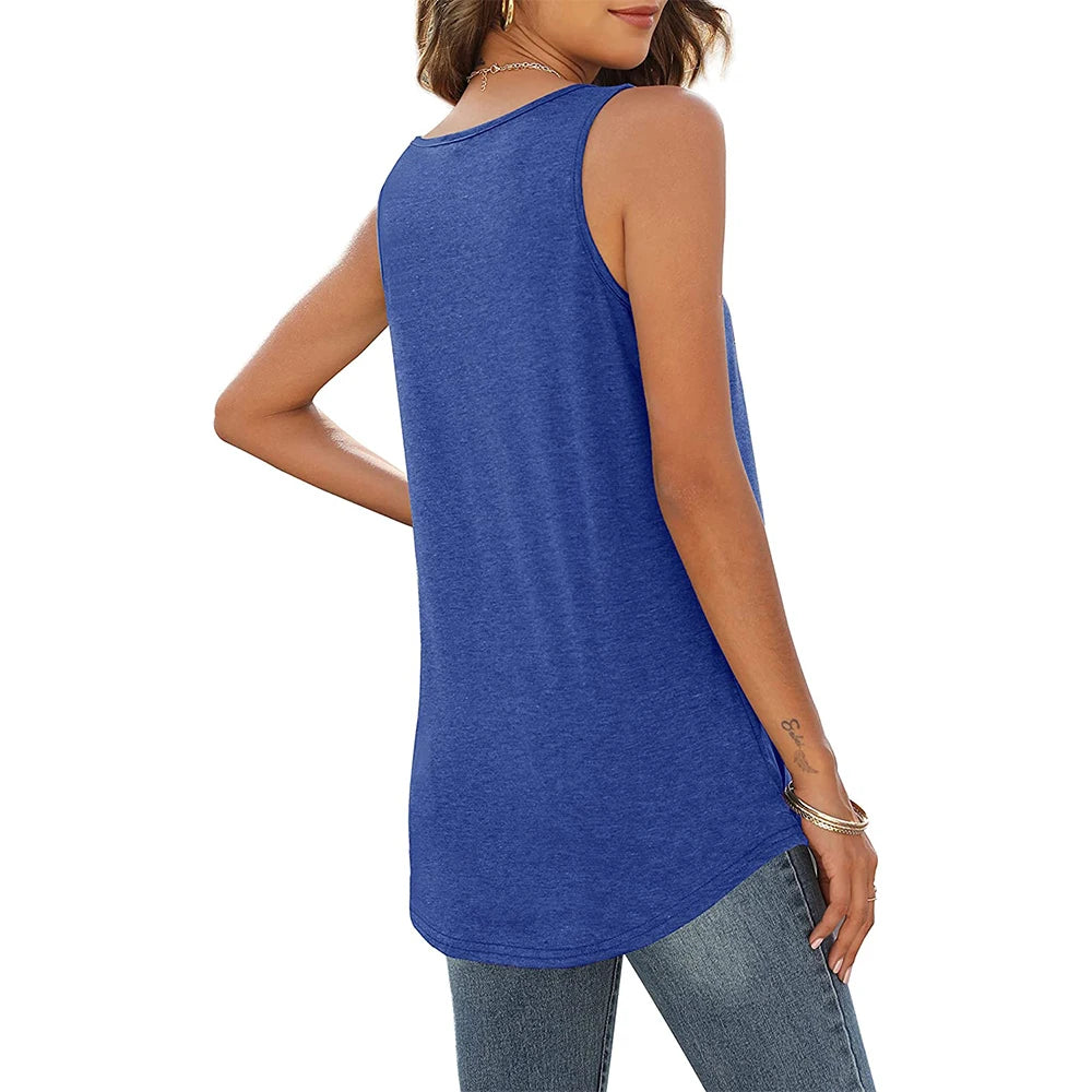 KiKis blue loose fit tank tops for women shown from the back with a casual fit and sleeveless design