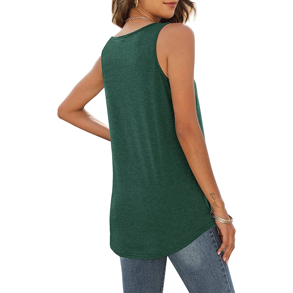 KiKis dark green loose fit tank tops for women worn with blue jeans showing back view