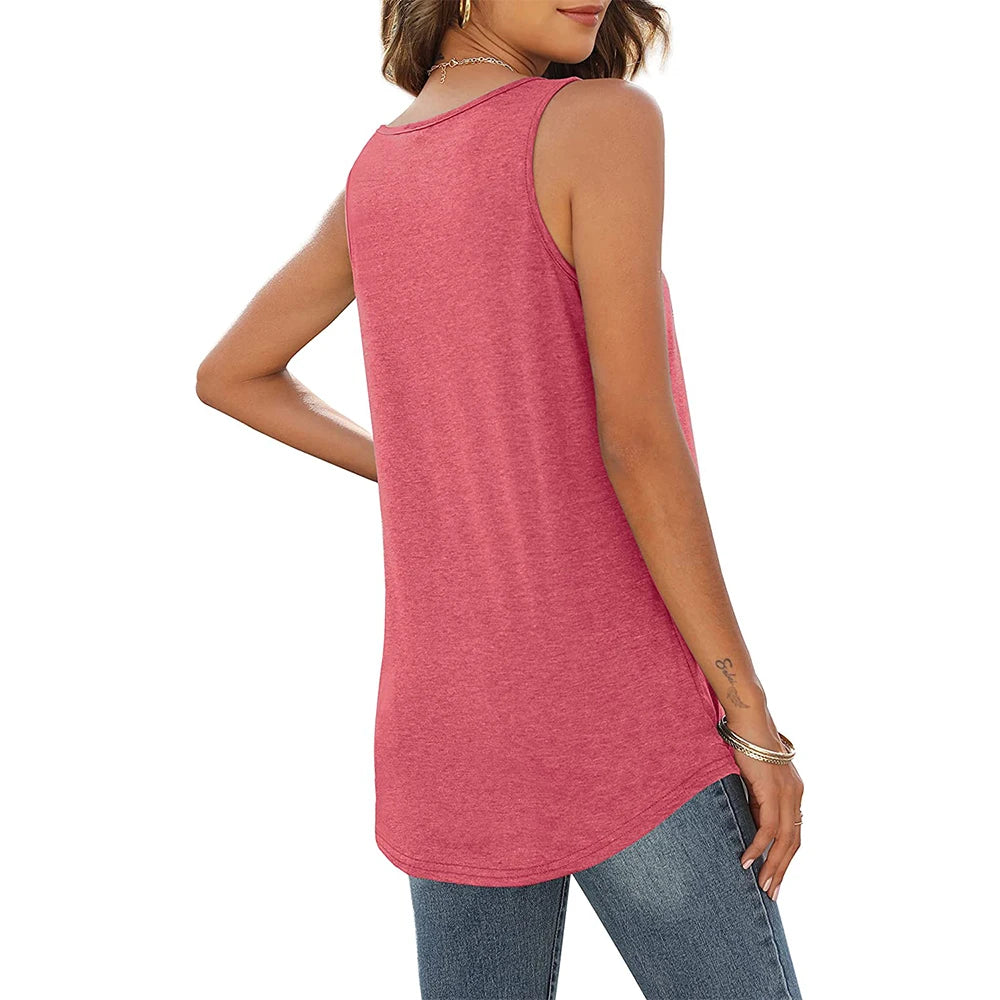 KiKis loose fit tank tops for women in pink worn with blue jeans showing back view