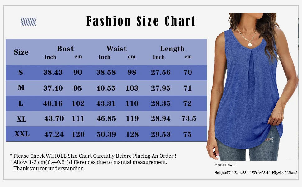 KiKis loose fit tank tops for women in blue shown with detailed fashion size chart and model measurements