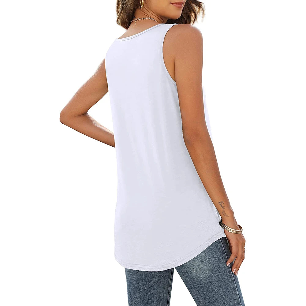 KiKis white loose fit tank tops for women styled with jeans in a casual look