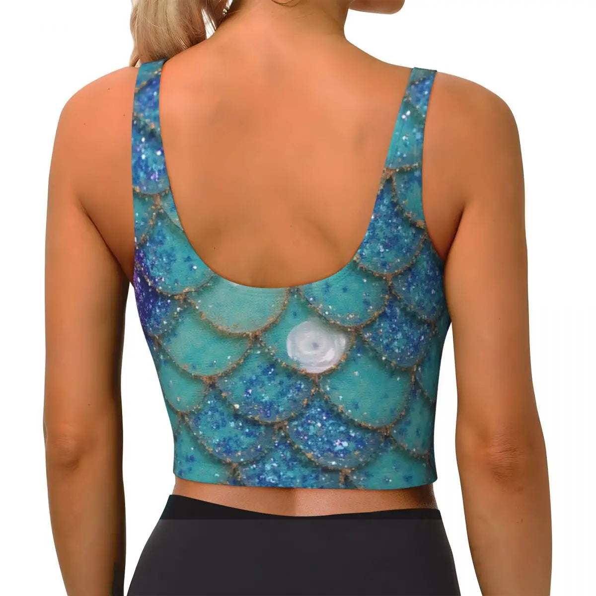 KiKis mermaid scale sports bra for women with blue glittery scale pattern and scoop back design