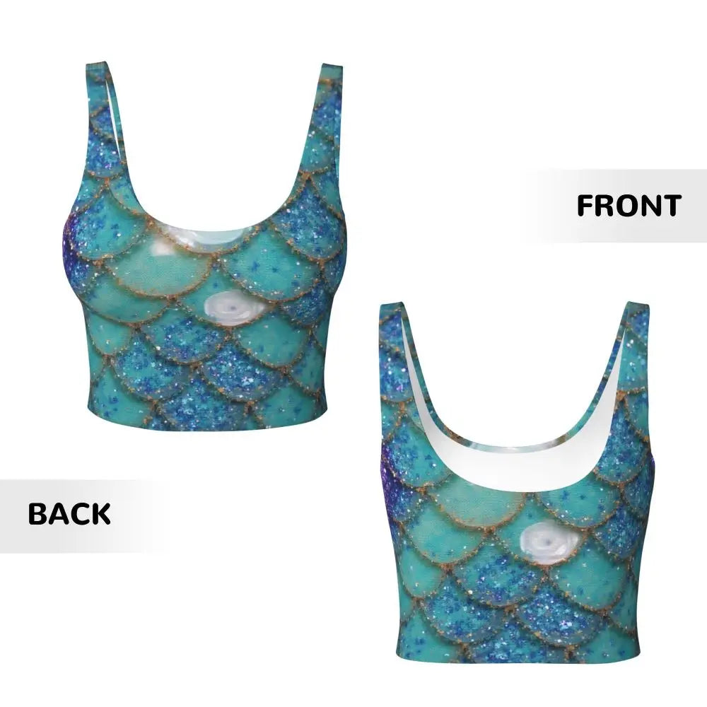 KiKis mermaid scale sports bra for women in blue with glittery fish scale pattern front and back views