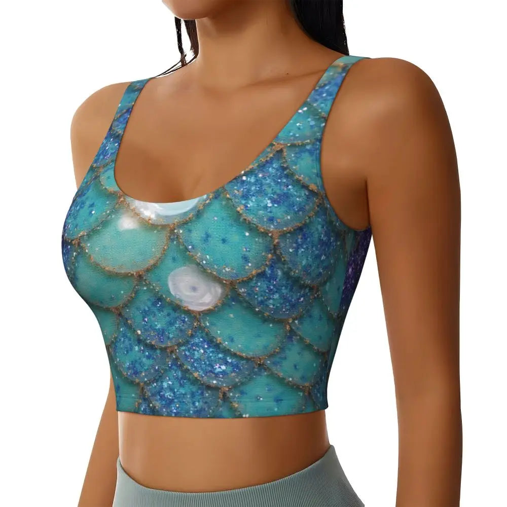 KiKis mermaid scale sports bra for women in blue and green shimmer pattern with wide straps