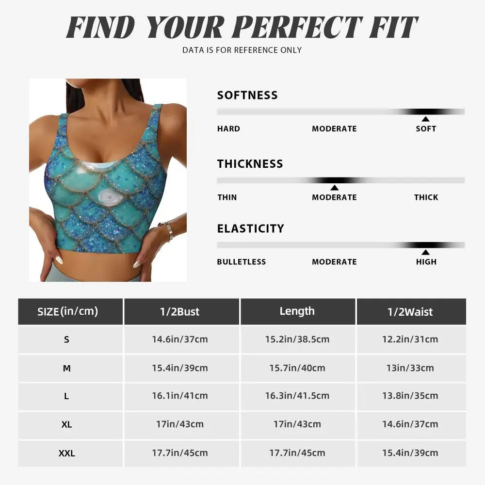 KiKis mermaid scale sports bra for women in blue with glittery scales and a fitted design
