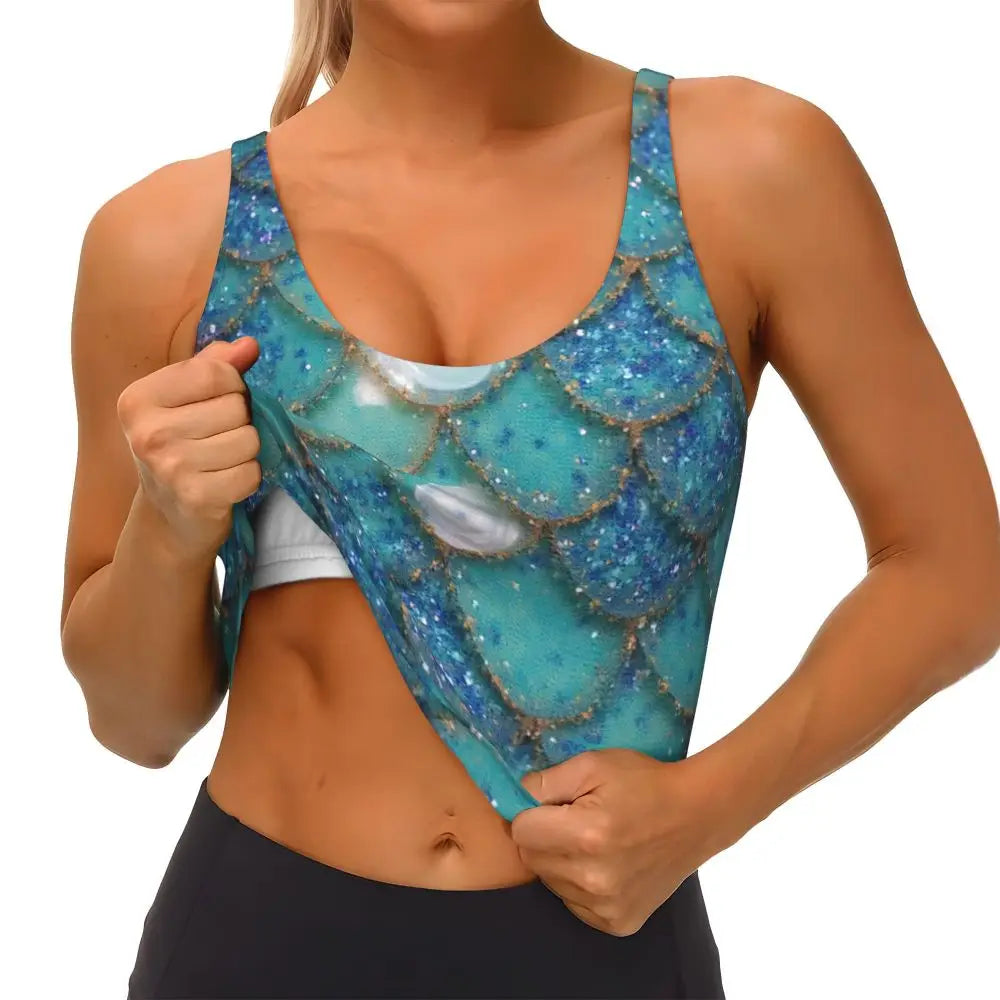 KiKis mermaid scale sports bra for women in blue and green with glittery scale pattern