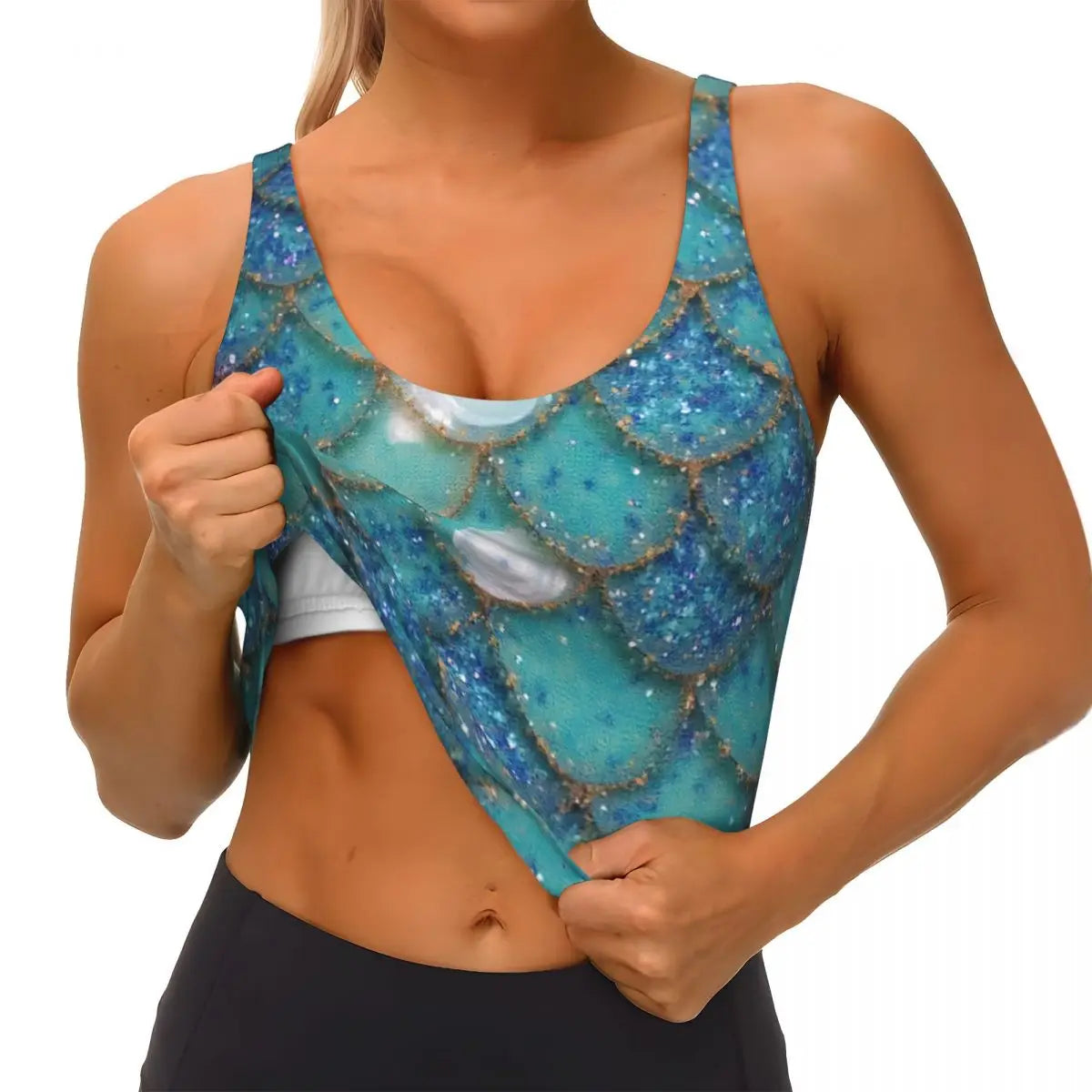 KiKis mermaid scale sports bra for women in turquoise with glittery mermaid scale pattern