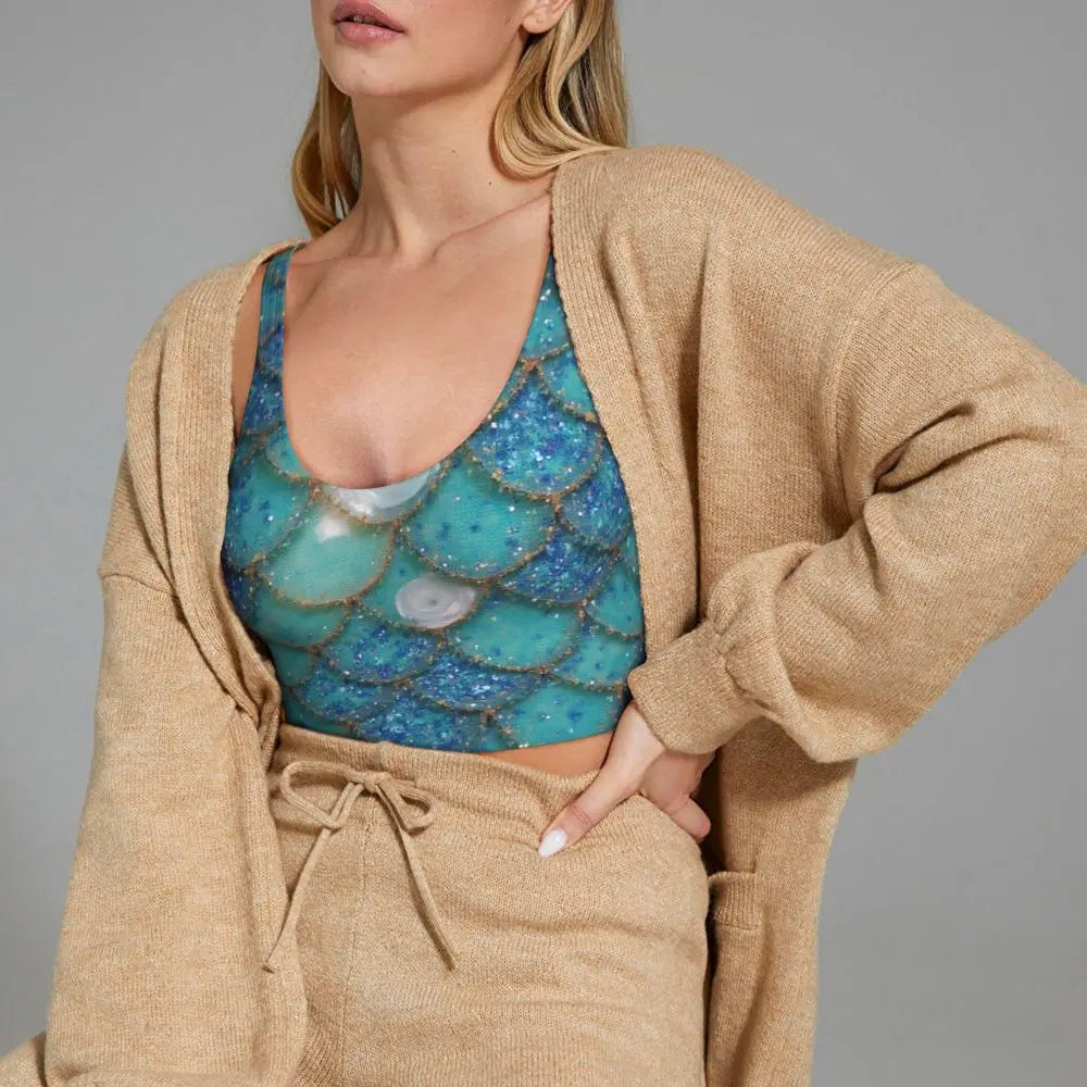 Woman wearing a mermaid scale sports bra for women in blue and green tones paired with beige knit cardigan and pants