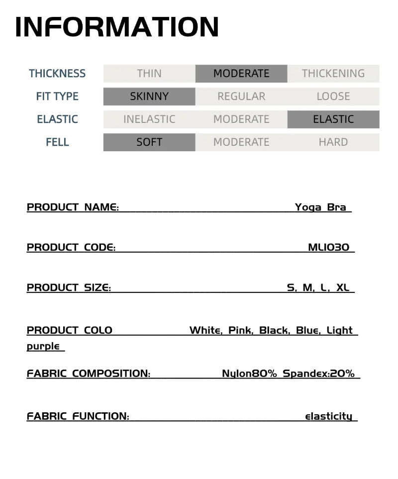 Information sheet of seamless crossback sports bra for women showing fabric, sizes, colors, and fit details