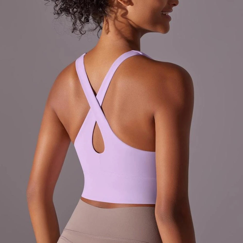 KiKis seamless crossback sports bra for women in lavender with supportive design and comfortable fit