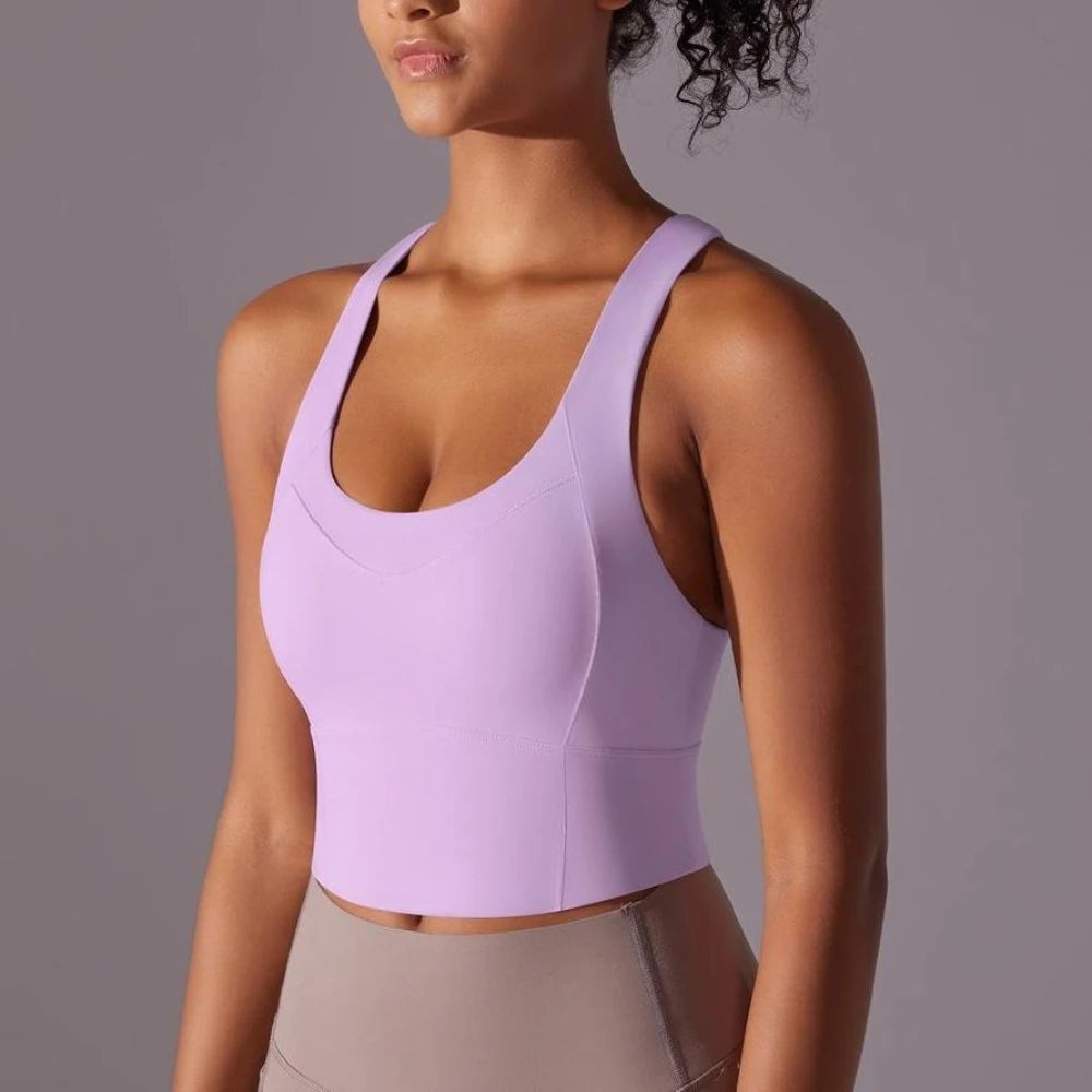 KiKis seamless crossback sports bra for women in lavender with wide straps and cropped fit